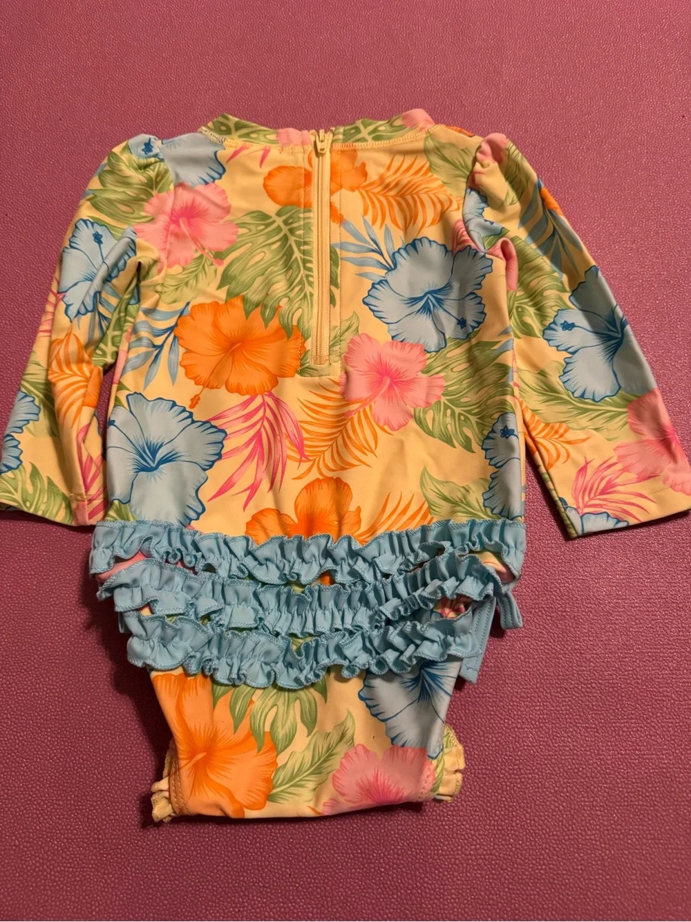 Ruffle Butts Yellow Tropical Floral Long-Sleeve Rashguard One-Piece